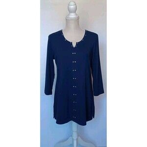 Karen Scott Size S Navy Blue Longline Top w/Stud Detail and Split Neck Design